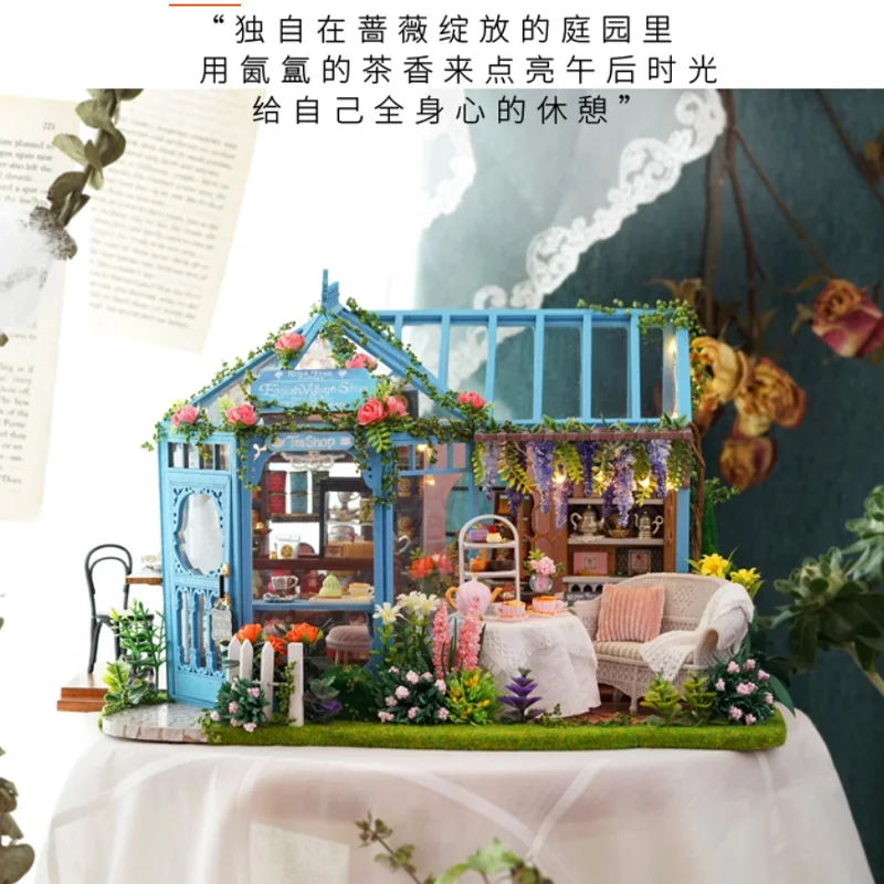 Casa de chá para jardim de rosas, modelo de montagem de madeira, cena em miniatura artesanal, casa de arte vintage, brinquedos educativos colecionáveis