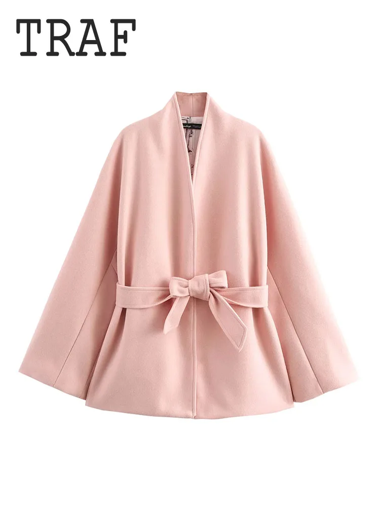 TRAF Woman Blend Coats Pink Jacket 2024 Autumn Winter Belt Long Sleeve Jackets for Women Elegant Streetwear New In Outerwears