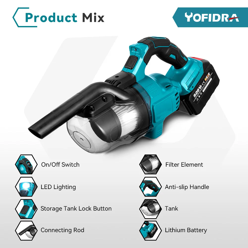 YOFIDRA 1000 W kabelloser elektrischer Staubsauger, effizienter wiederaufladbarer Staubfänger, Reinigung von Elektrowerkzeugen für Makita-Akku-Pin – Detail 4