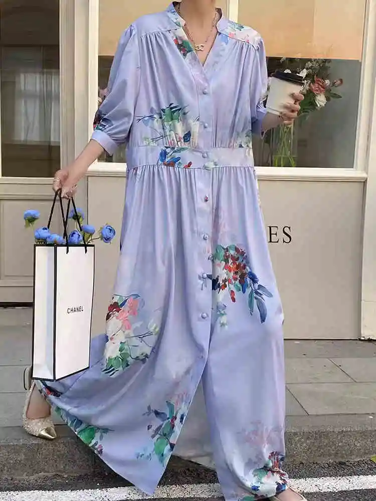 Clothland Women Stylish Floral Dress High Waist One Piece Three Quarter Sleeve Spring Chic Long Dresses Vestido QD892