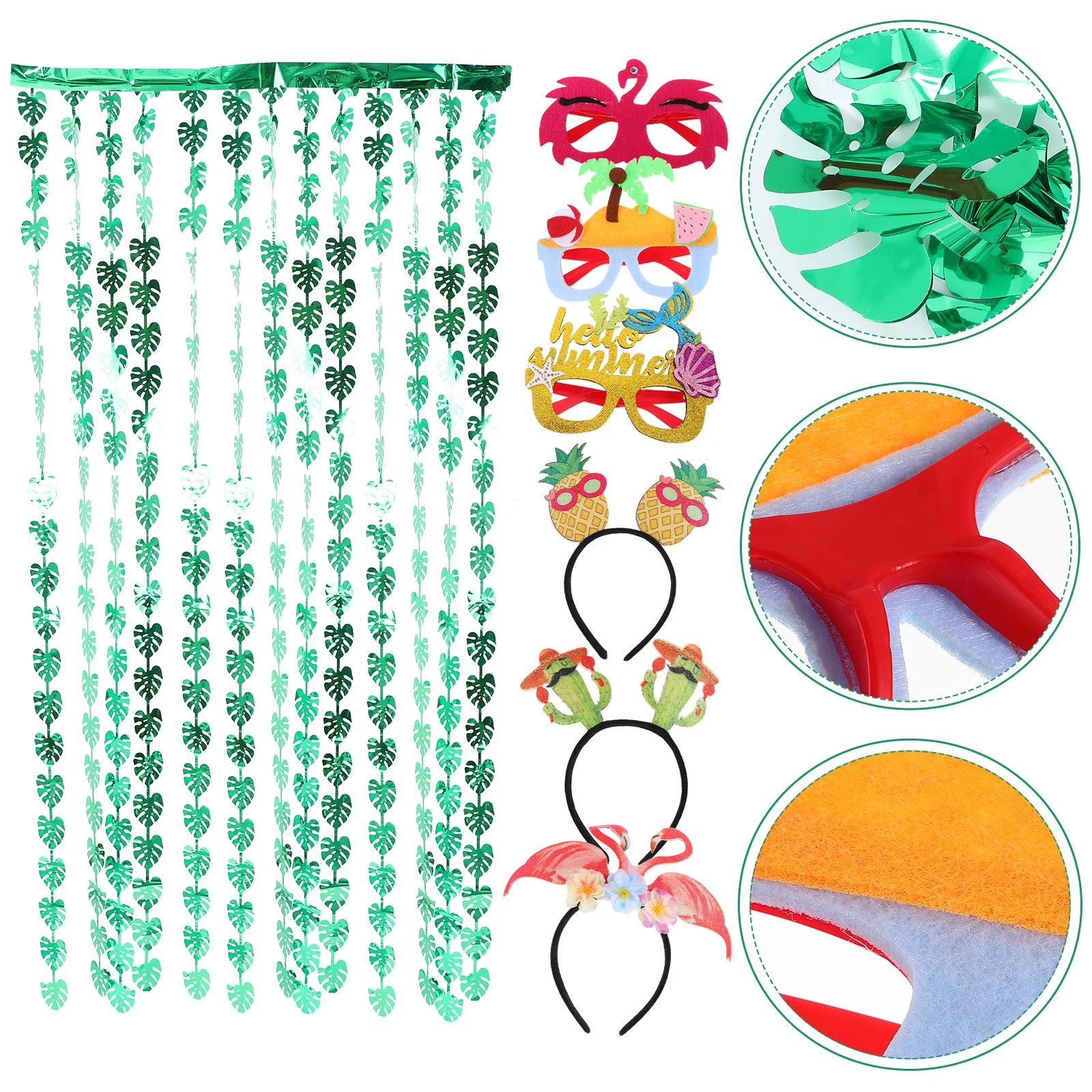 

1Set Hawaii Party Photo Booth Props Creative Funny Eyeglasses Headband Kit Luau Party Fringe Curtain Backdrop Hawaiian Headbands