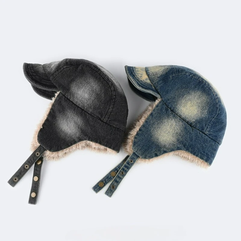 

Retro Distressed Denim Lei Feng Hat for Men and Women, Winter Warm Thick Ear Flap Hat, Cold-resistant Cycling and Aviation Hat