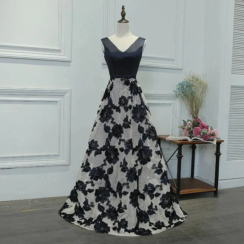 

Вечернее платье по индивидуальному заказу, черное атласное платье с v-образным вырезом и вышивкой, без рукавов, трапециевидной формы длиной до пола, большие размеры, женское вечернее платье MYF086