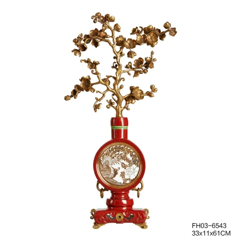 YJQ French Chinese style ornament red ceramic inlaid copper phoenix flying brass plum blossom cash tree decoration