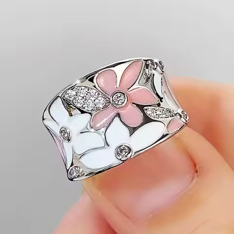 2026 Women's Wedding Party Beautiful Enamel Flower Ring New Silver European and American Style Luxury Zircon Jewelry Gift