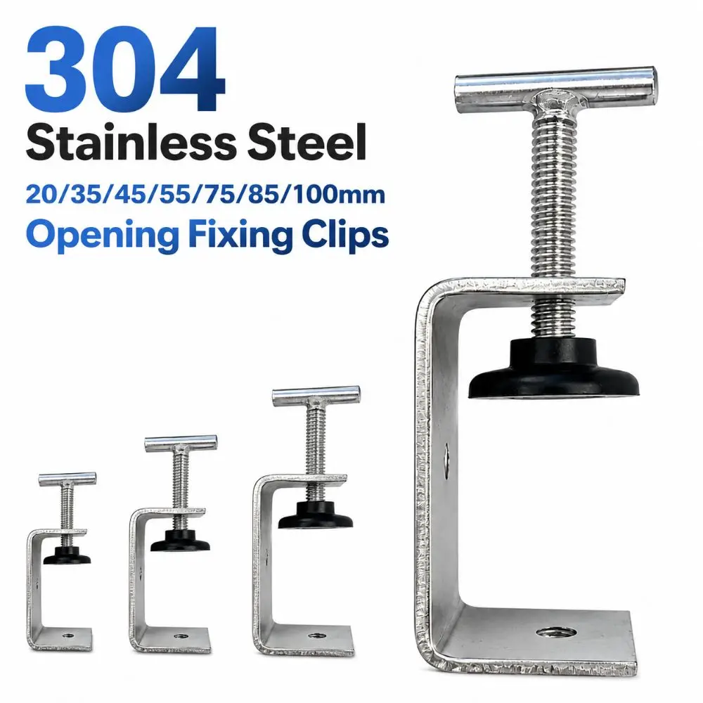 304 Stainless Steel C-clamp 20-100mm Opening Rubber Pad Square Clamp T-shaped Head Hand-Tightening Woodworking Fixing Clips