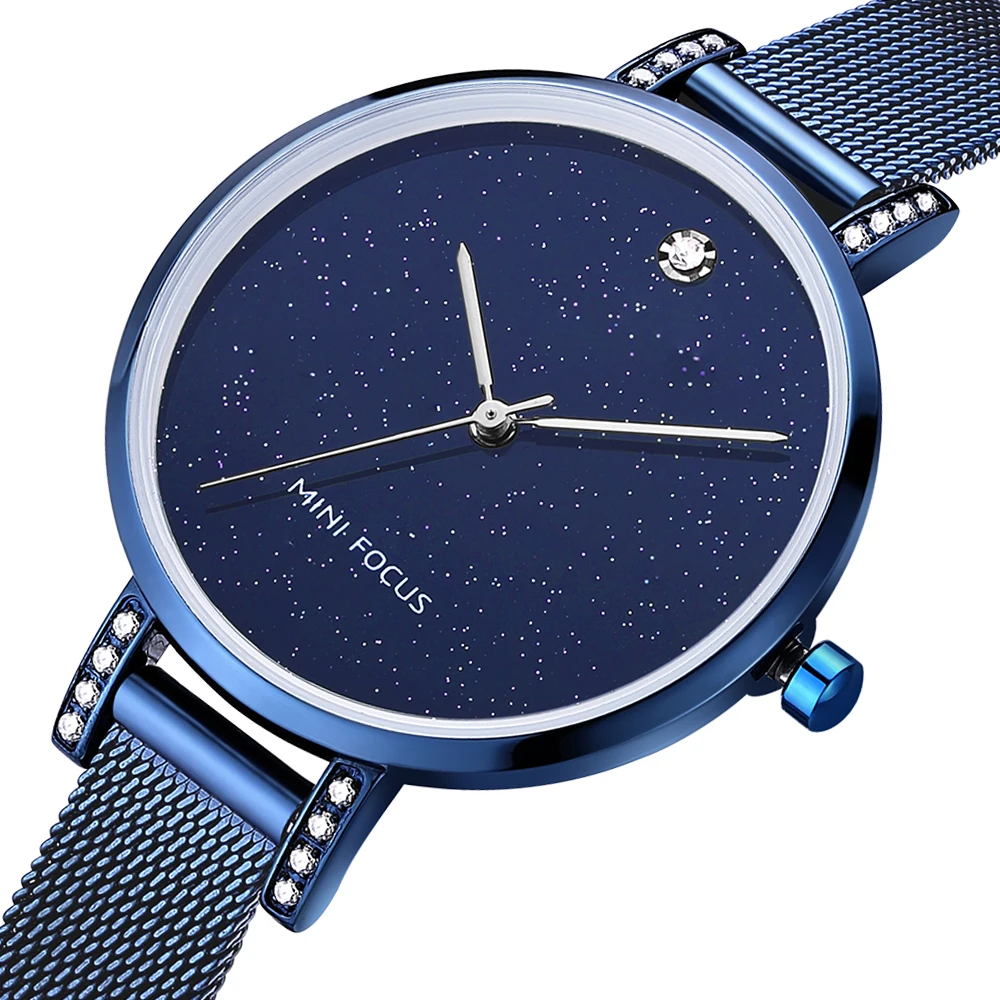 MINI FOCUS MF0160L Diamonds Design Horloge Luxe Blauw Mesh Roestvrij Stalen Band Lichtgewicht Waterdichte Dames Quartz Horloges