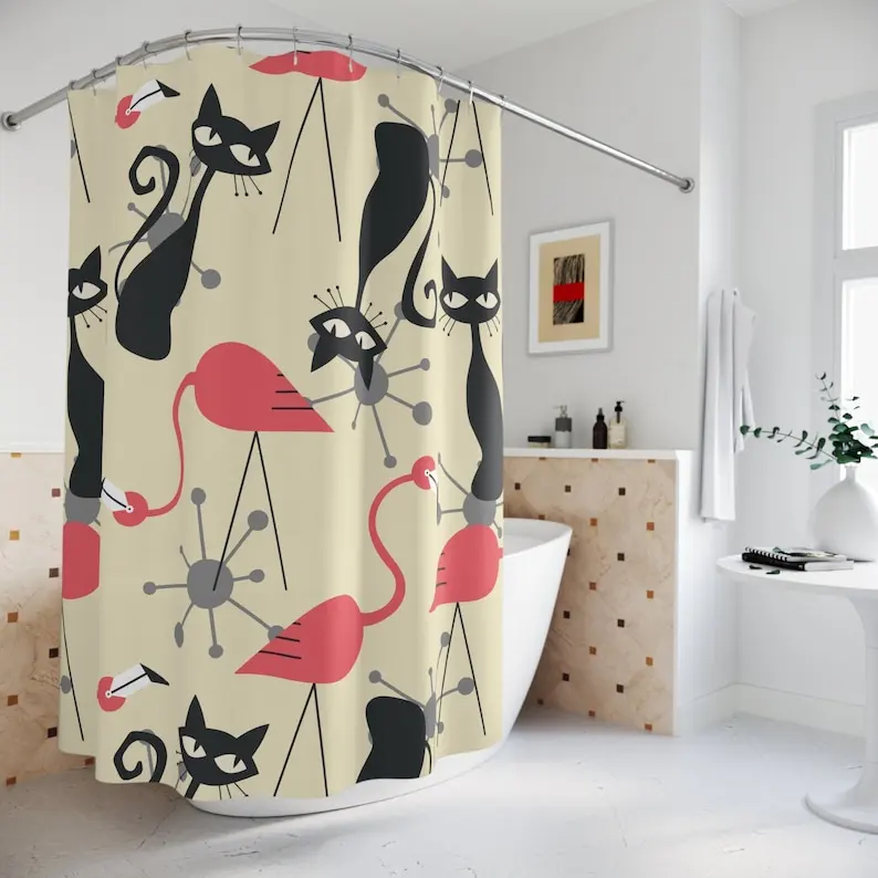 

Mid Century Modern Atomic Cat, Flamingo Shower Curtain, Retro Whimsy MCM Starburst Bath Decor