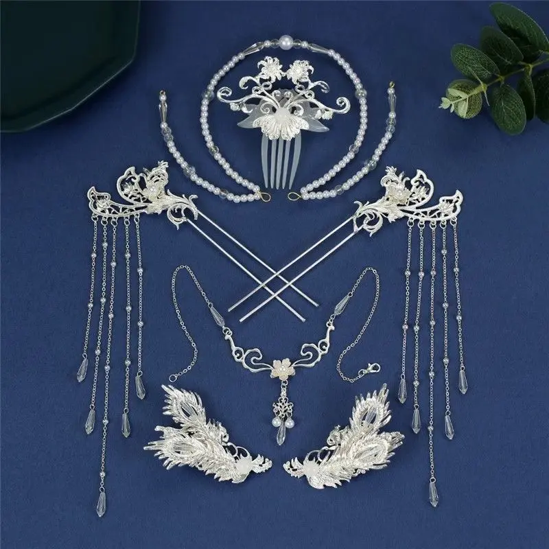 Silver-plated fringed antique headdress Hanfu accessories, hair bundle decorative design, antique walking forehead hairpin