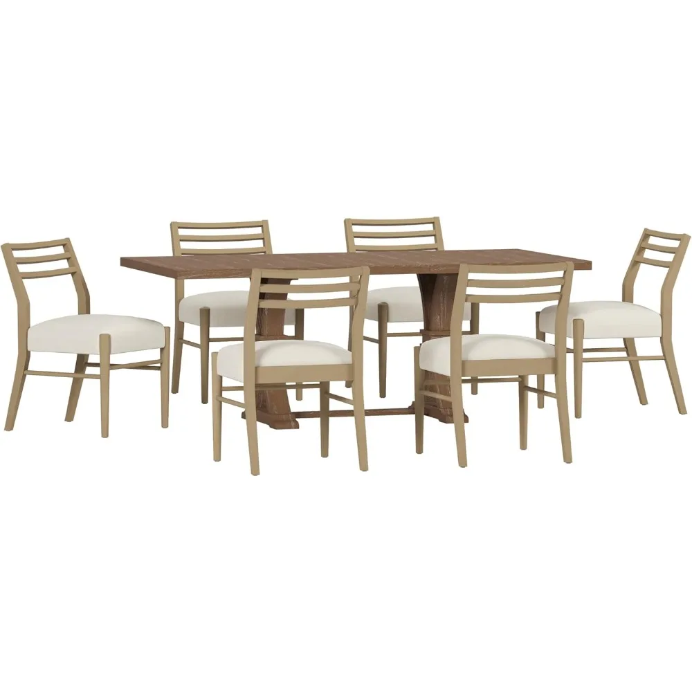 Dining Room Sets,Soft cushion expandable 7-piece set, natural brown coarse twill fabric,Dining Room Sets.