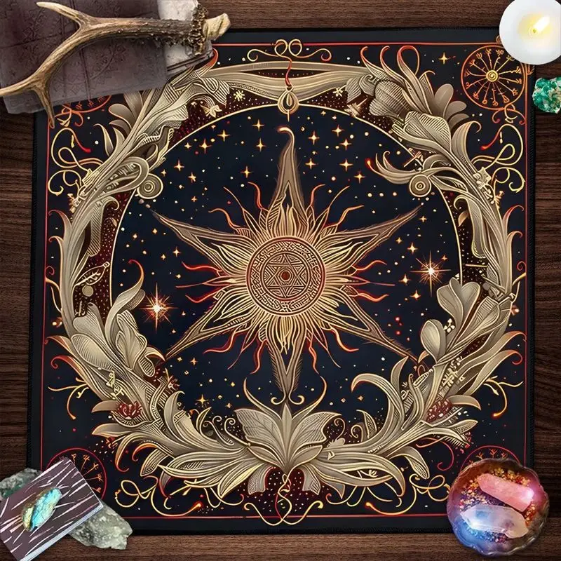 Tarot Altar Cloth Black Gold Foil Sun Star Hexagram Starry Sky Wicca Divination Mat for Witchcraft Spiritual Ritual Home Decor