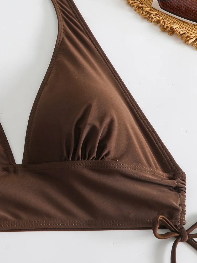 Bikini para mujer, traje de baño 2025, nuevo conjunto de Bikinis lisos con cuello Halter y cuello en V, traje de baño Sexy de cintura alta, ropa de playa para verano, traje de baño para mujer