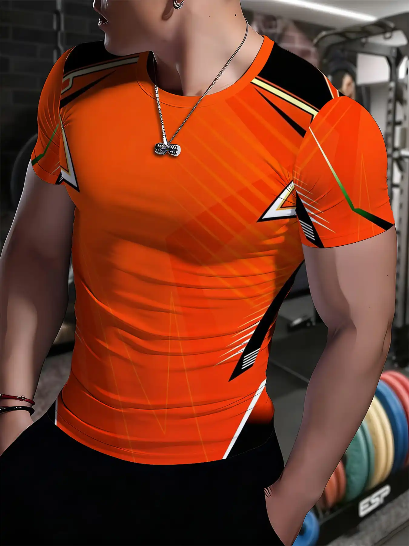 Men High Elastic Quick Dry Sports Compression Shirt Orange Geometric Line Print Short Sleeve Training Running Top