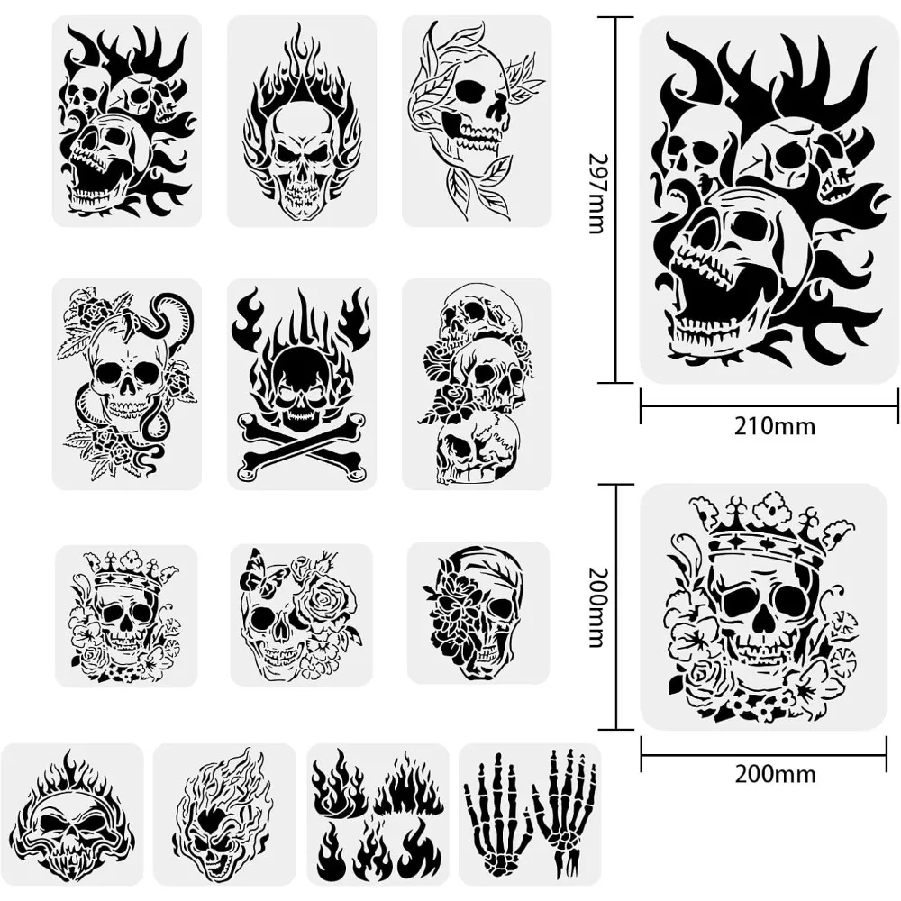 13PCS Skull Pattern Drawing Stencils, Skull Flame Scary Skeleton Template for Scrabooking Card Making, Wall Floor Art, Festival