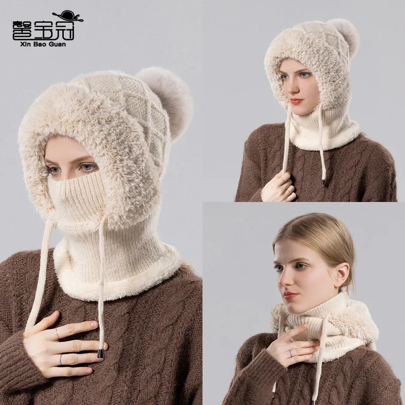 -Border Winter Fleece-Lined Knitting Woolen Cap Women's Earflaps Cap Scarf All-in-One Warm Keeping Sleeve Cap