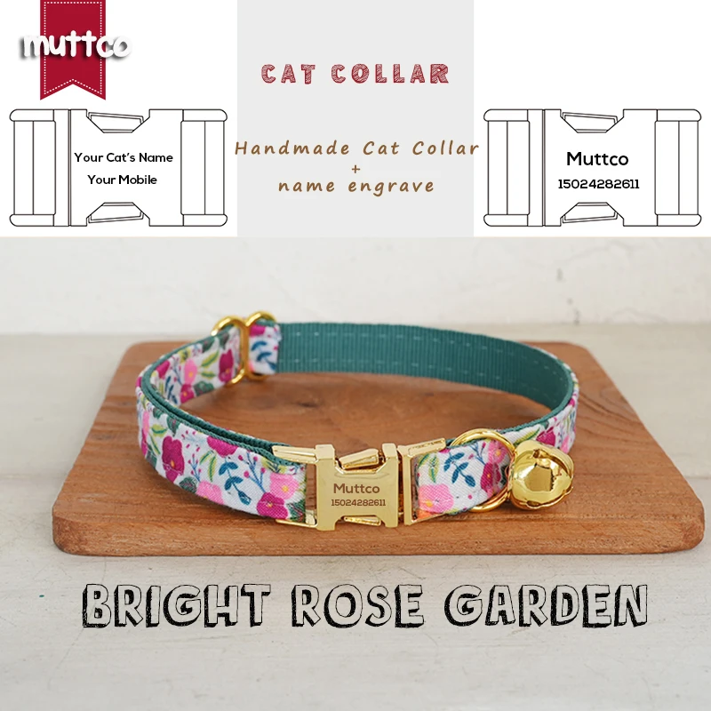 MUTTCO Engraved Beautiful Flower Pattern Design Handmade BRIGHT ROSE GARDEN collar Unique Design Cat collar 2 size UCC150