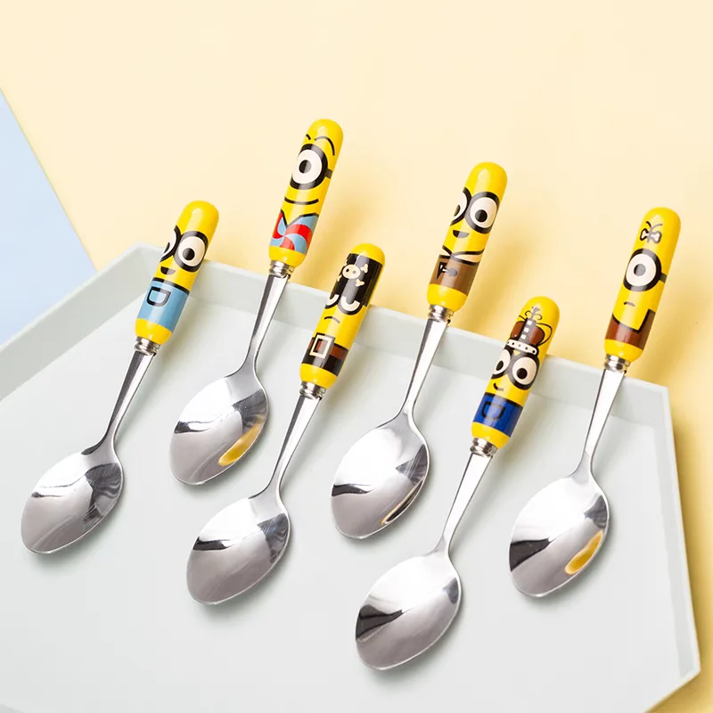 Minions Ceramic Handle Spoon Fork Minion Anime Figure Tableware Cartoon Portable Household Tableware Meal Spoon Party Kid Gift