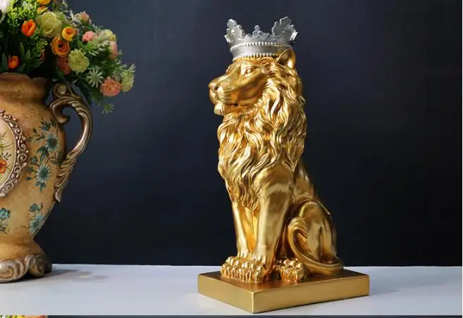 34CM grand-bureau maison porche hall haut COOL décor efficace mascotte prospère affaires or Lion roi FENG SHUI ART statue