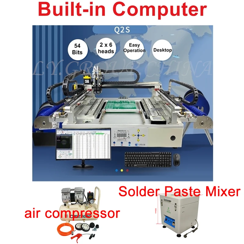 Q2S Dual 6 Heads 54 Bits Volledige Vision Desktop Automatische Smt Pick And Place Machine Chip Mounter Met Air Compressor en Soldeer