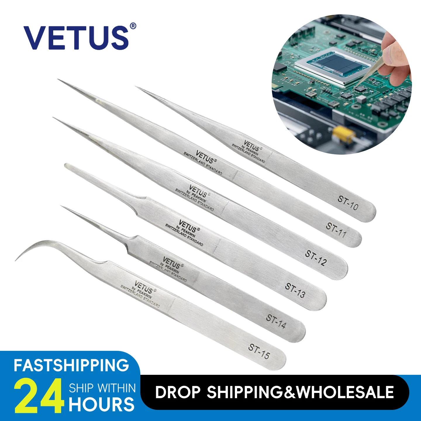 VETUS ST-10 Series Tweezers Non Magnetic Stainless Steel High Hardness Precision Electronics Repair Lab Soldering Tools