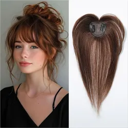 10in Human Hair Toppers Honey Brown 3D Wispy Bangs Full Coverage for Women Hair Loss Natural Looking Topper Hairpieces Real Hair