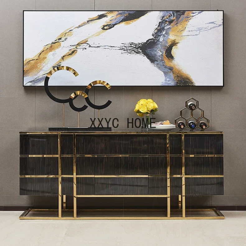 خزانة جانبية بلون الشمبانيا الذهبي والفولاذ المقاوم للصدأ والأبنوس وخزانة مطعم الضيوف وغرفة نموذجية تخصيص مجموعة كاملة من الأثاث