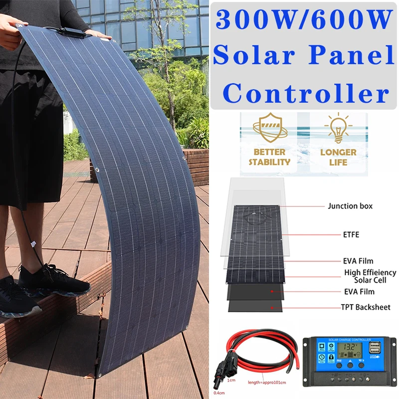 

600W 300W Solar Panel Kit 18V Flexible Monocrystalline Sola Cell Power Charger for Outdoor Camping Yacht Motorhome Car RV Boat