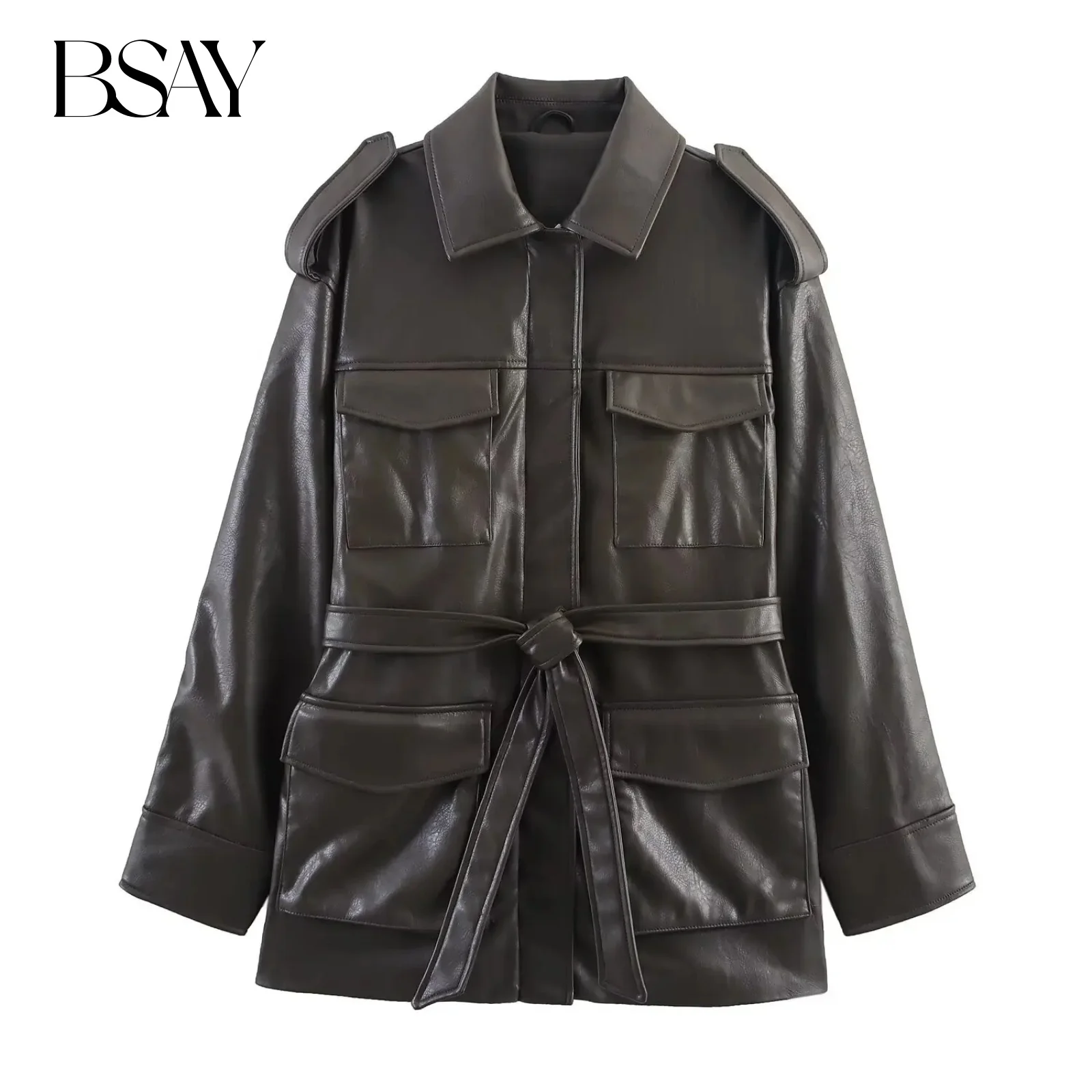 

BSAY Imitation Leather Jacket for Women Fashion Autumn Winter New Solid Color Flip Pocket Long Sleeved Lapel Zip Short Coats