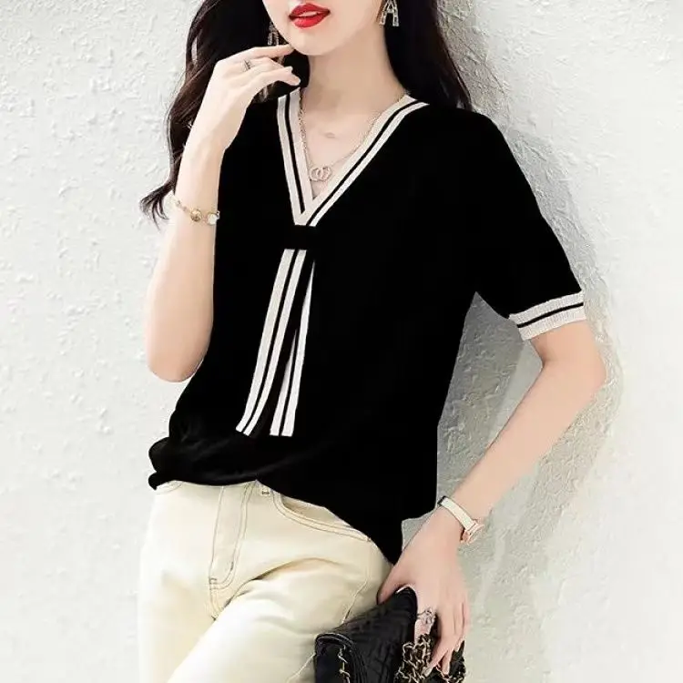 Women Summer Korean New V-neck Ice Silk Pullover Fashion Navy Style Color Block T-shirt Soft Casual Versatile Short Sleeve Tops