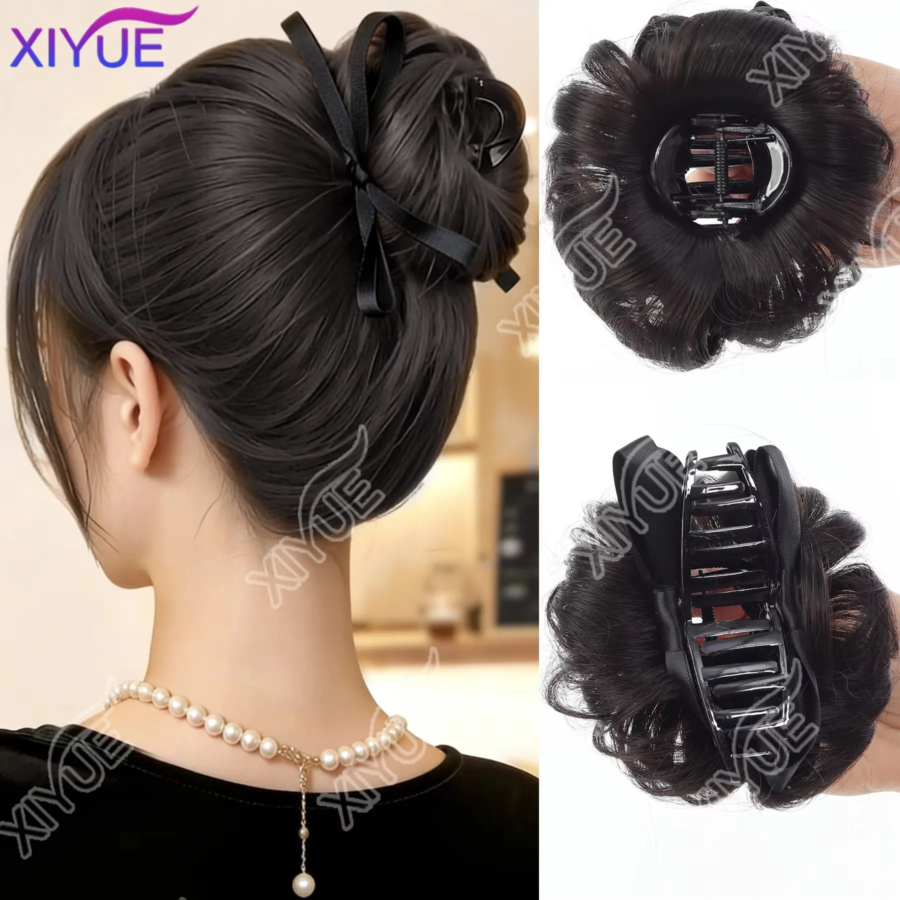 

Butterfly claw clip synthetic chignon messy curly bun hairpiece with scrunchie. Wavy fake hair bun for women adds volume XIYUE