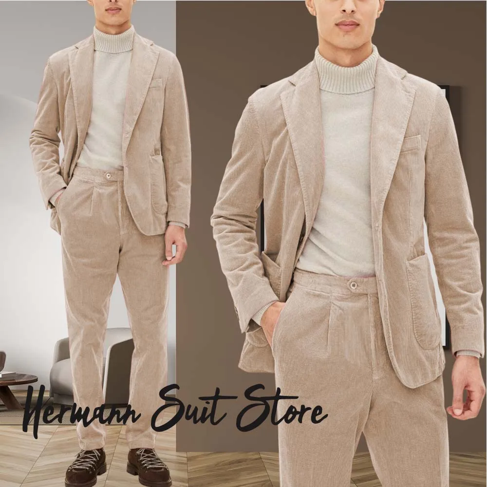 

Вельветовый мужской костюм, комплект из 2 предметов (куртка + брюки), однобортный пиджак с лацканами, на заказ, большие размеры, комплект делового костюма на заказ