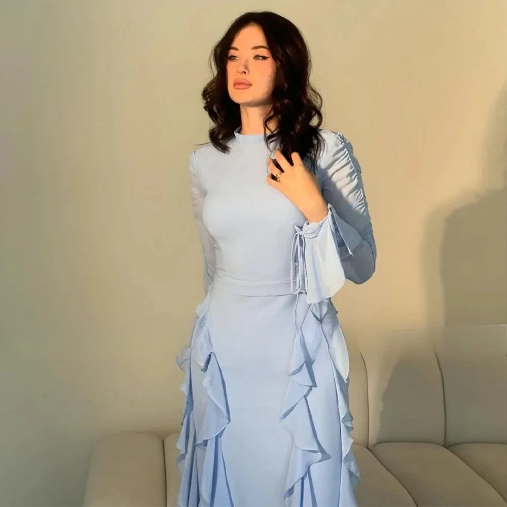 Elegante avondjurk met hoge hals voor dames, lange mouwen, ruches, chiffon, A-lijn, vloerlengte, formele feestjurken op maat