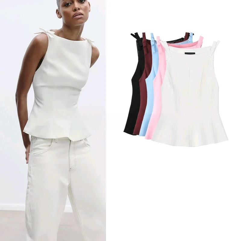 

Spring Summer New Women's Boat Ne Nine-Foot Skirt Sle Top with Knot Decoration Slim Fit Polyester Fiber Blouse