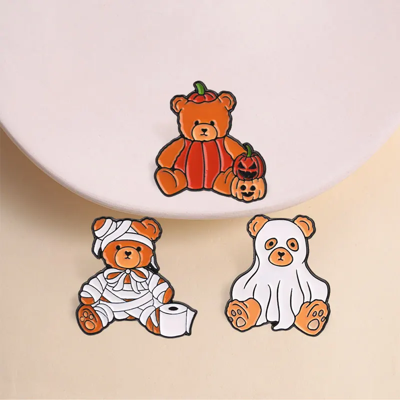 Halloween Teddy Bear Enamel Pins Mummy Ghost Pumpkin Bear Jack-o' Lantern Spooky Skeleton Goose Brooch Lapel Badge Jewelry Gifts