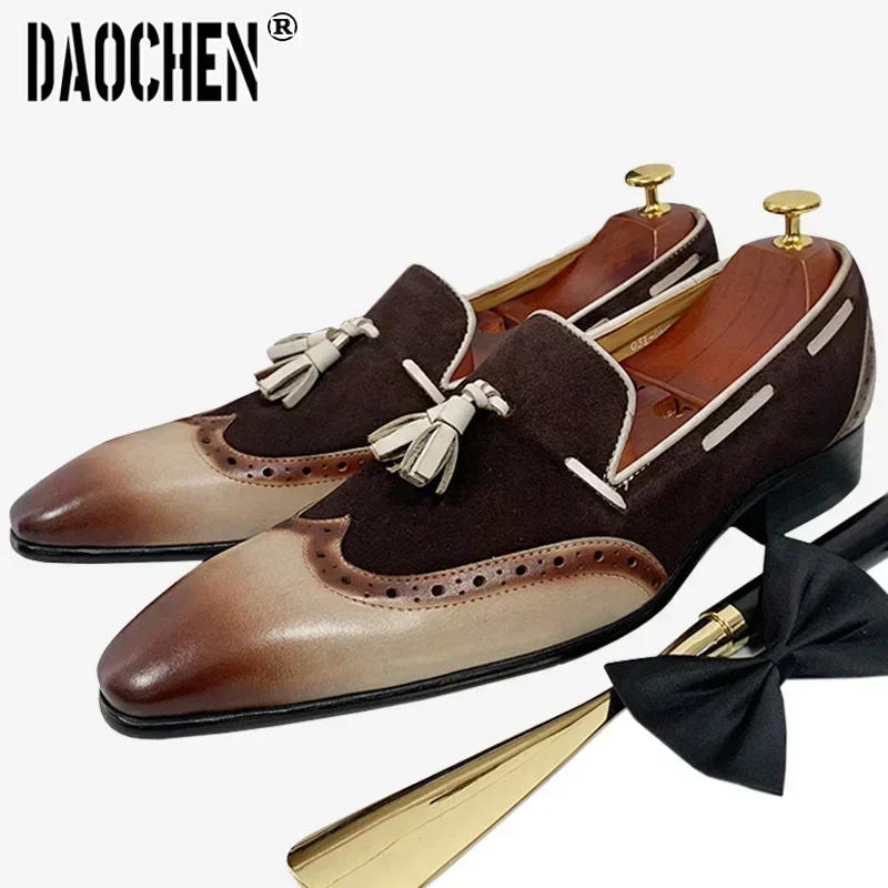 Italian Men Loafers Shoes Black Brown Mixed Color Wingtip Suede Casual Mens Dress Shoes Wedding Office Leather Shoes Men