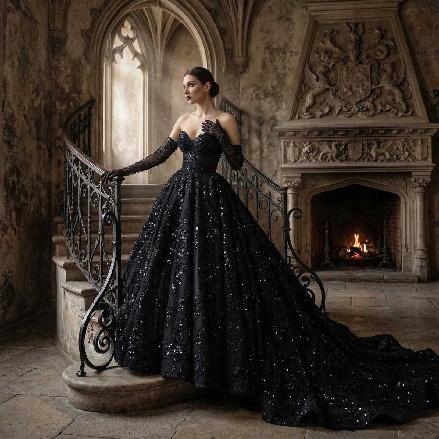 Sharon Said Gothic Black Ball Gown Wedding Dress with Gloves Sequin 3D Flowers Sweetheart Bridal Gowns SW565 Customized