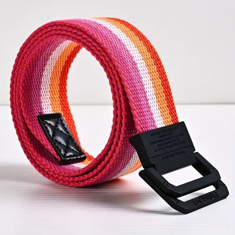 Siebenfarbiger Regenbogen-Canvas-Gürtel mit doppelter Ringschnalle für Damen und Herren, lässiger Hosengürtel – Detail 1