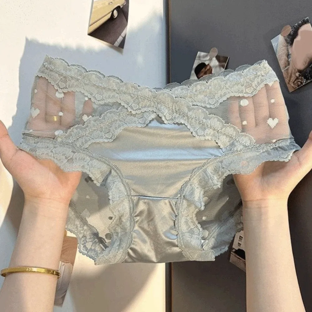 

Fashion Satin Silk Lace Flower Panties Transparent Low Waist French Style Briefs Love Heart Women Underwear Girl