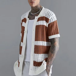 T-shirt rayé en Patchwork pour homme, haut à manches courtes, col rabattu, avec boutons, mode été 2023