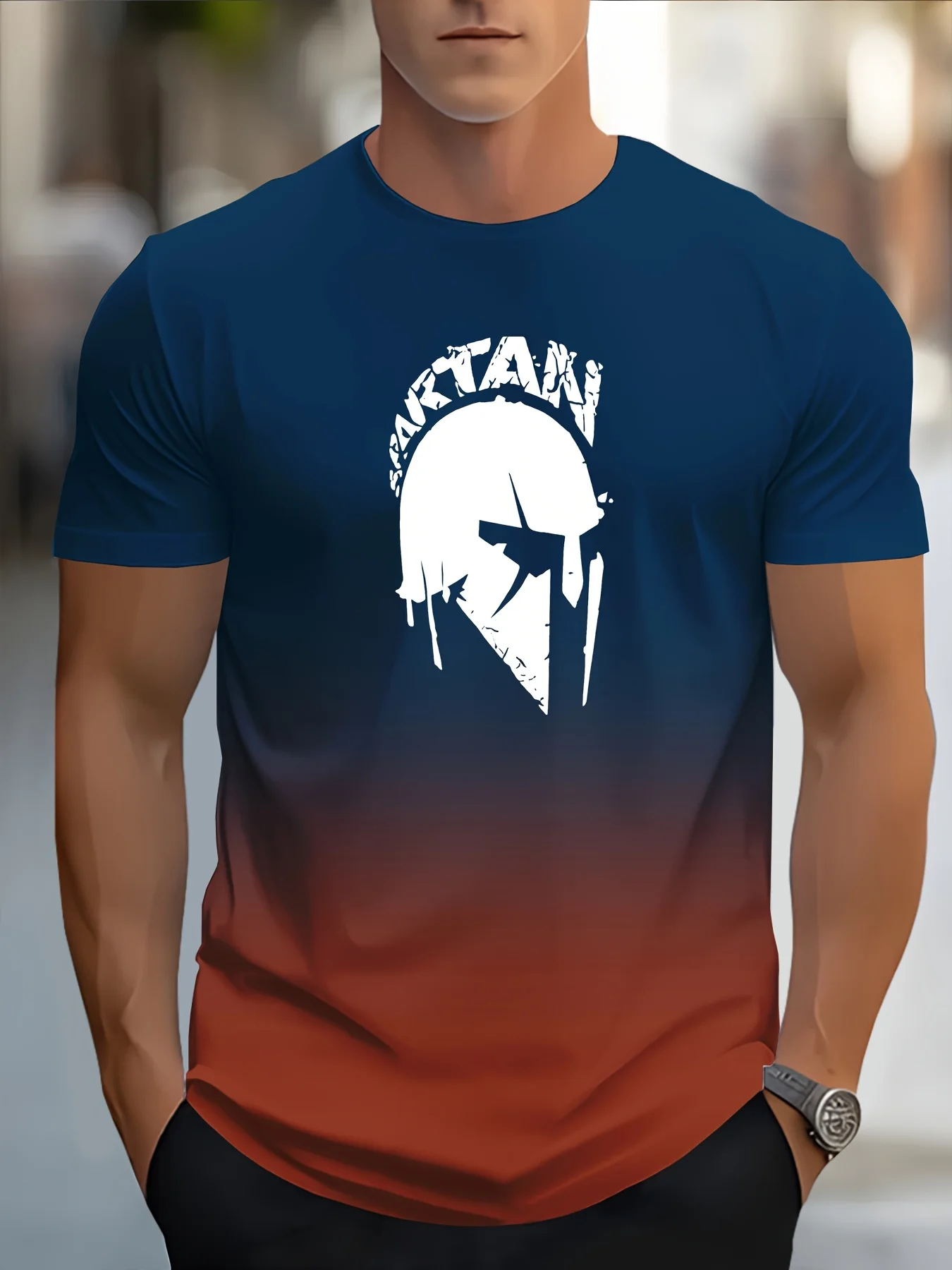 Casual Gradient Color Short Sleeve Top Fashion Men's Spartan Graphic Print T-shirt Oversized Breathable Muscle Crew Neck T Shirt