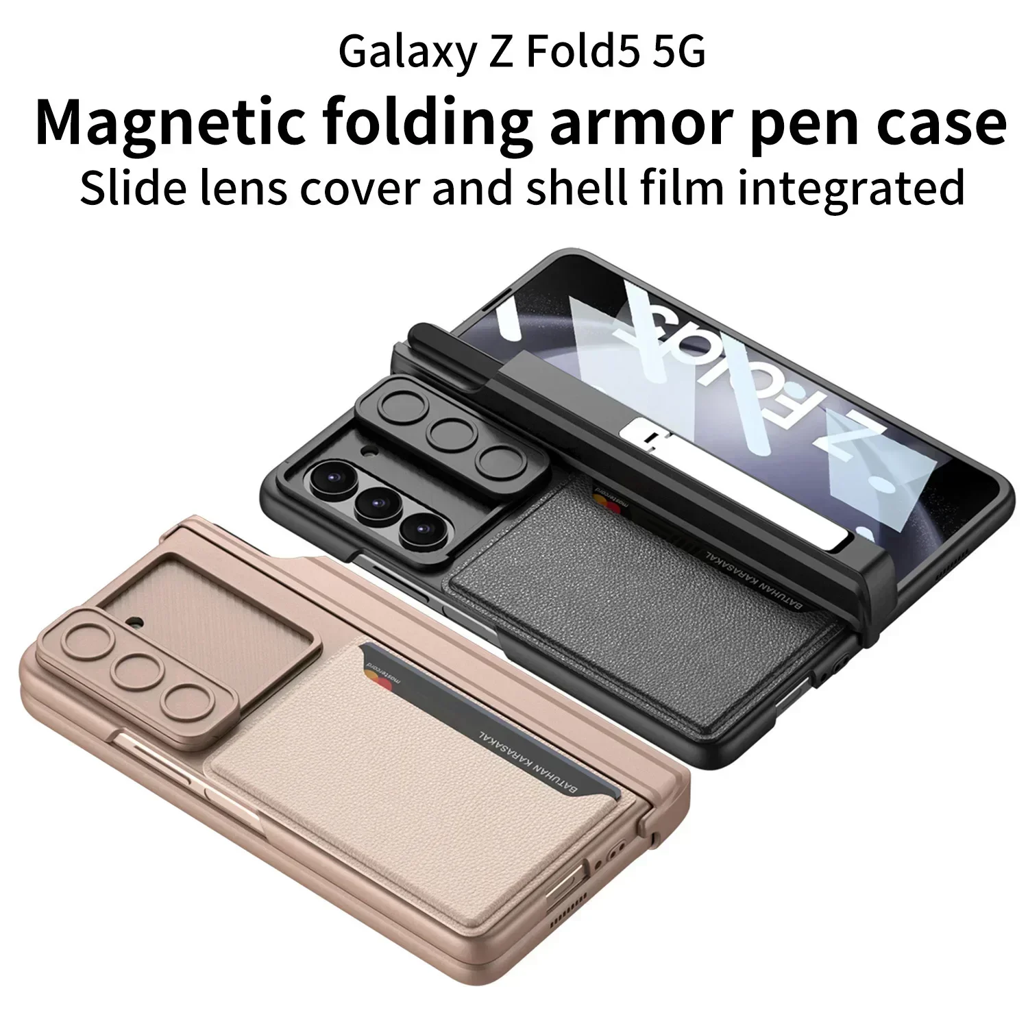 Cases For Samsung Galaxy Z Fold5 Phone Case Magnetic Hinge Card Bag Holder Sliding Window Lens No Pen ZFold5 All-Inclusive Shell