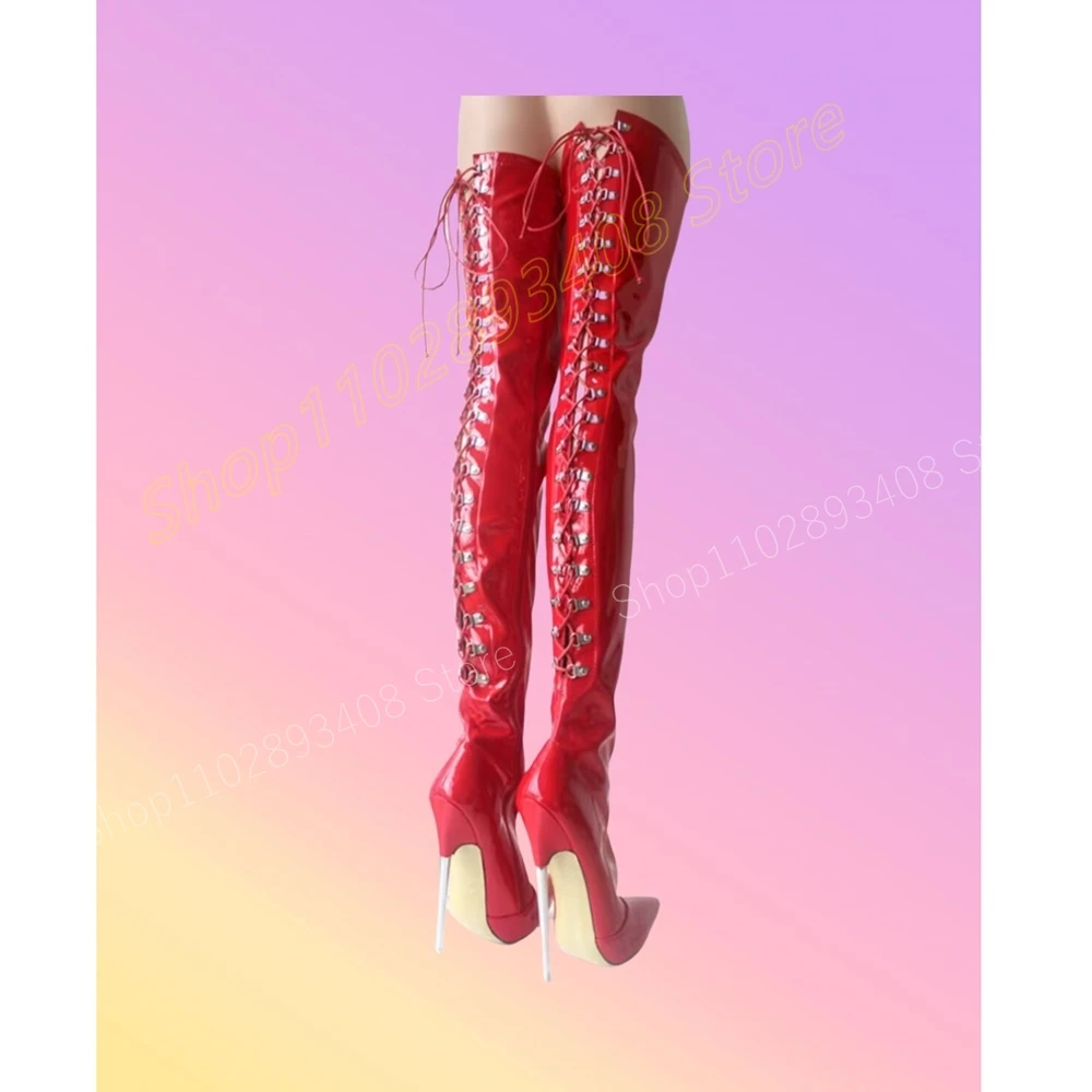 

Red Back Lace-up Patent Leather Thigh High Boots Pointy Metal Stiletto High Heel Fashion Women Shoes 2024 Zapatos Para Mujere