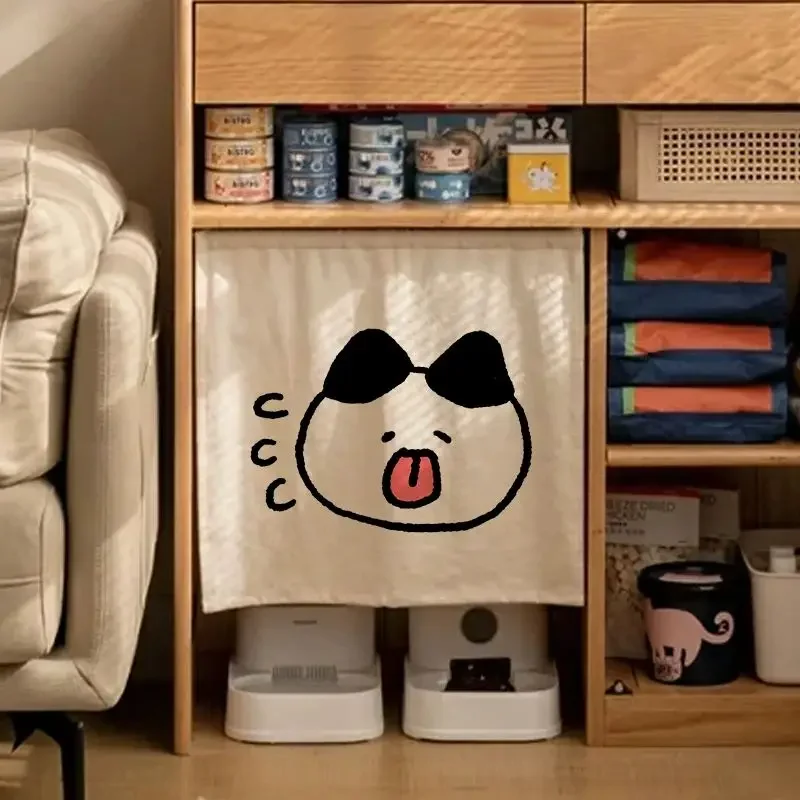 VIKAMA Simple Line Art Pet Storage Shelf Hiding Curtain Cute Cartoon Food Bowl Print Fabric Cabinet Cover Curtain Home Decor