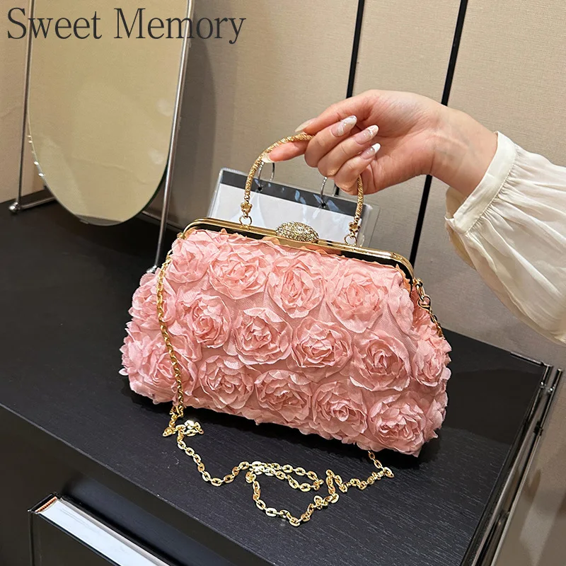 J142 Pink Red Dolly Bags 2025 Sweet Memory Clip on Evening Bridal Bag Flower Chain Single Shoulder Diagonal Cross Women's Bag