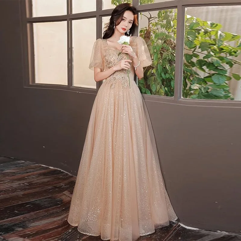 Women Champagne High-end Temperament Evening Dress 2026 New Art Exam French Square Collar Elegant Small Birthday Party