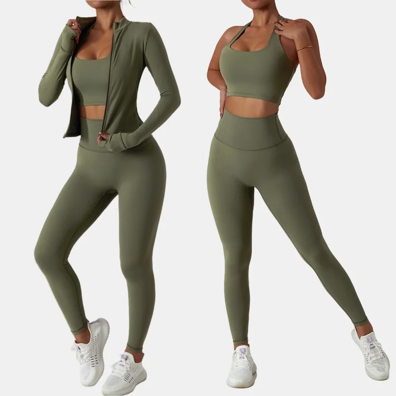 

Seamless Yoga Set Sports Fitness Hip-lifting Slim Long Sleeved Zipper Coat Casual Running Workout Gym Sports Bra Suits for Women