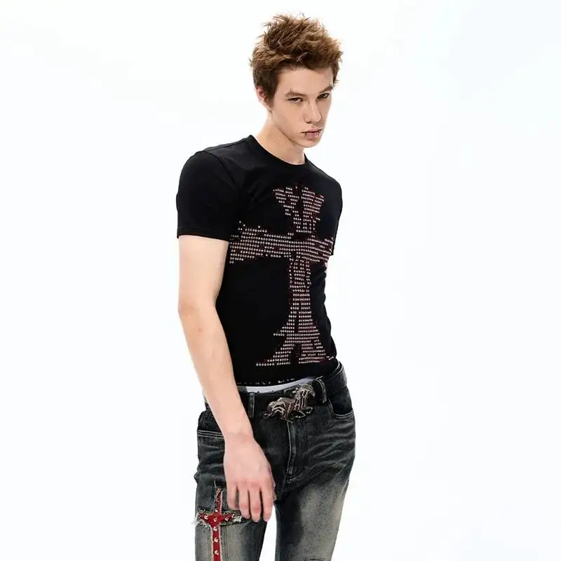 LUZHEN 2026 Summer Sequin Patchwork Pattern Slim Fit Short Sleeve T-shirt Men's Handsome High Quality Stylish Casual Tops JY7039
