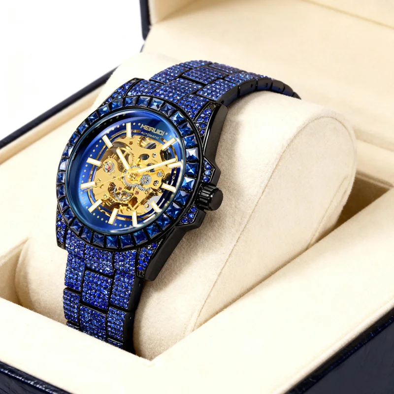 

Мужские часы Luo с синим стальным ремешком, без цифрового дисплея, с желтым циферблатом, стильные и повседневные, полностью автоматические механические часы.