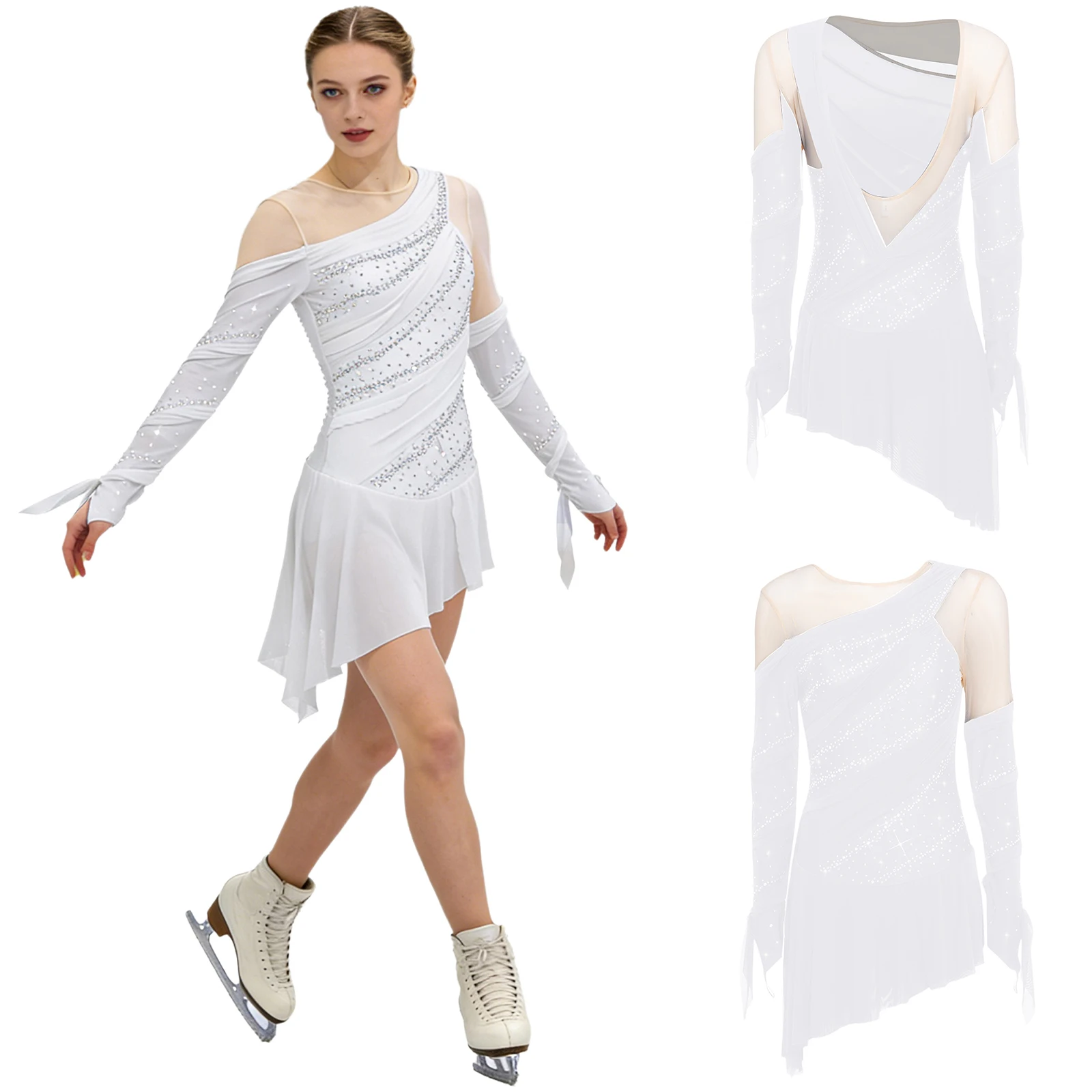 

Women Ballet Figure Skating Lyrical Dance Competition Costume Dress Long Sleeve Rhinestones Backless Mesh Skirted Leotards Dress