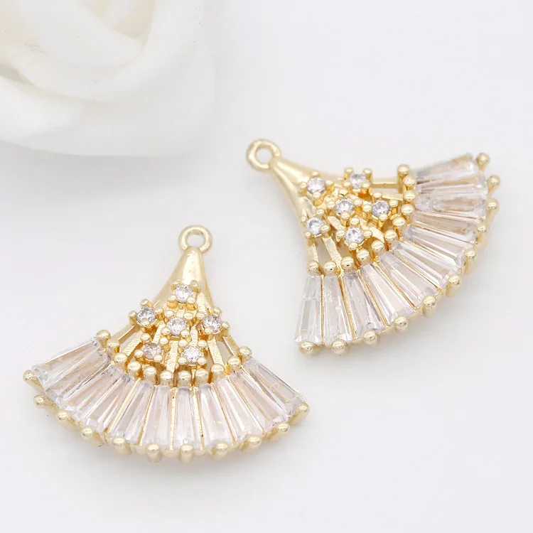2PCS 20x20MM 14K Gold Color Plated and Zircon Fan Shape Connect Charms Pendants Jewelry Making Supplies Diy Accessories